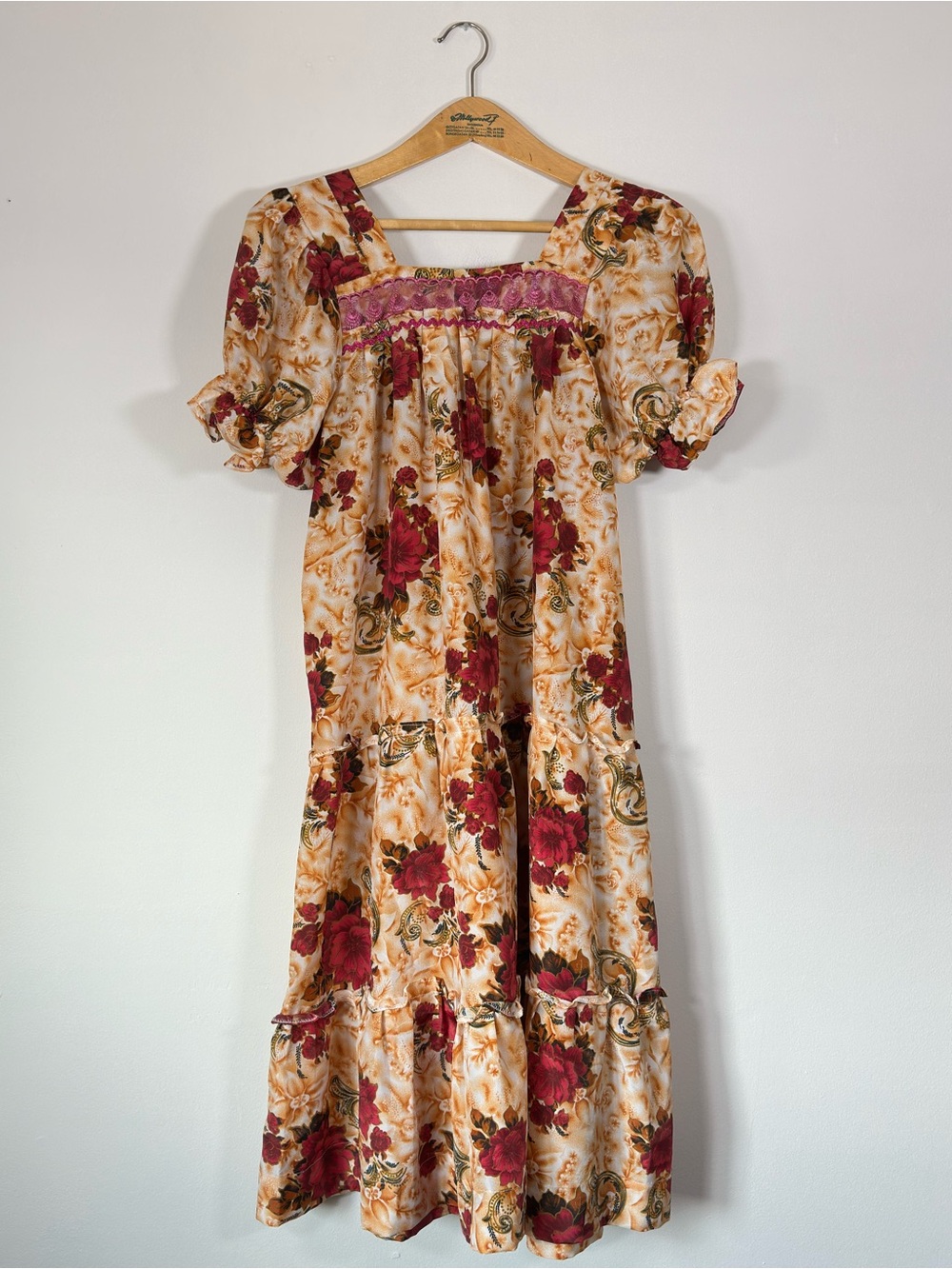Floral Patchwork Tiered Midi Dress Puff Sleeve Wine Burgundy - Picture 3 of 11